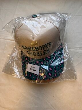 Somebody's Problem Beige Trucker Hat with Teal Leopard Visor
